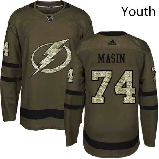Youth Adidas Tampa Bay Lightning 74 Dominik Masin Authentic Green Salute to Service NHL Jersey